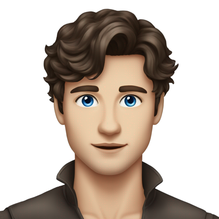genmoji : Un jeune homme incroyablement beau avec des yeux bleus perçants, des cheveux bruns foncés ondulés en frange rideau, une mâchoire affûtée et un look charismatique impeccable. Il a une expression confiante et charmante, dégageant une beauté et un style naturels.