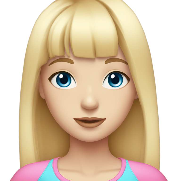 genmoji: Blonde girl with blue eyes, pink top, long hair, with bangs on the sides, cute makeup, chest image