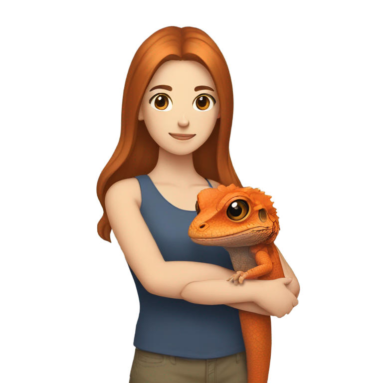 genmoji: Generate a white girl with brown hair holding on her arms bearded orange agama