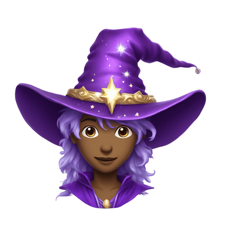 genmoji: head figure of a young mage with expressive facial features, fine features and a slight smile. He is wearing a tall purple hat with wide brim, decorated with silver stars and a shimmering feather. His hair peeks out slightly from under the hat, and his eyes reflect a magical glea