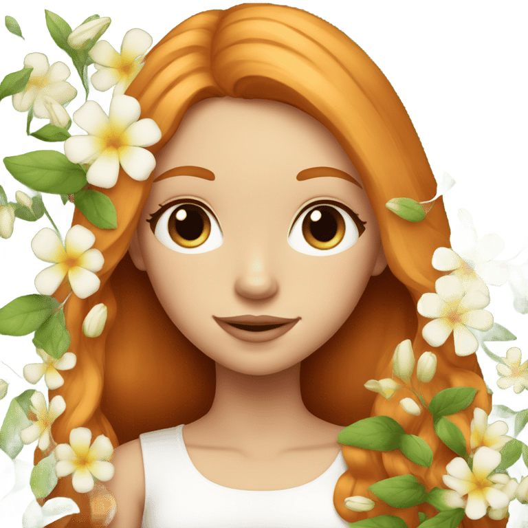 genmoji: a ginger and white girl with a perfect and straight hair with flowers