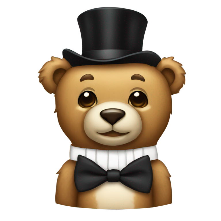 genmoji : Un ours en peluche avec un haut-de-forme et un nœud papillon noir.