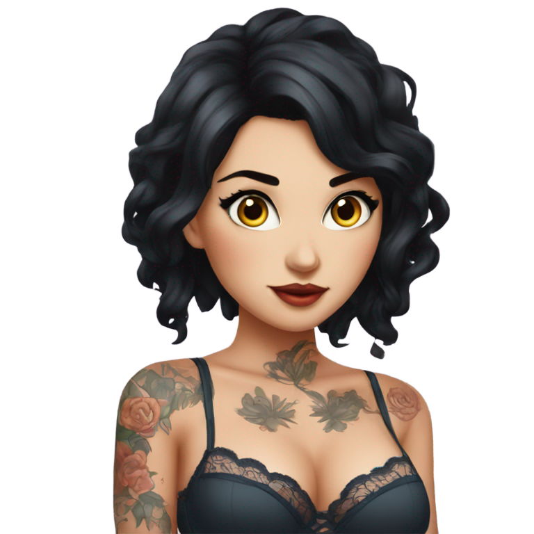 genmoji: Hot blackhaired girl with big boobs and a lot of tattoes in lingerie