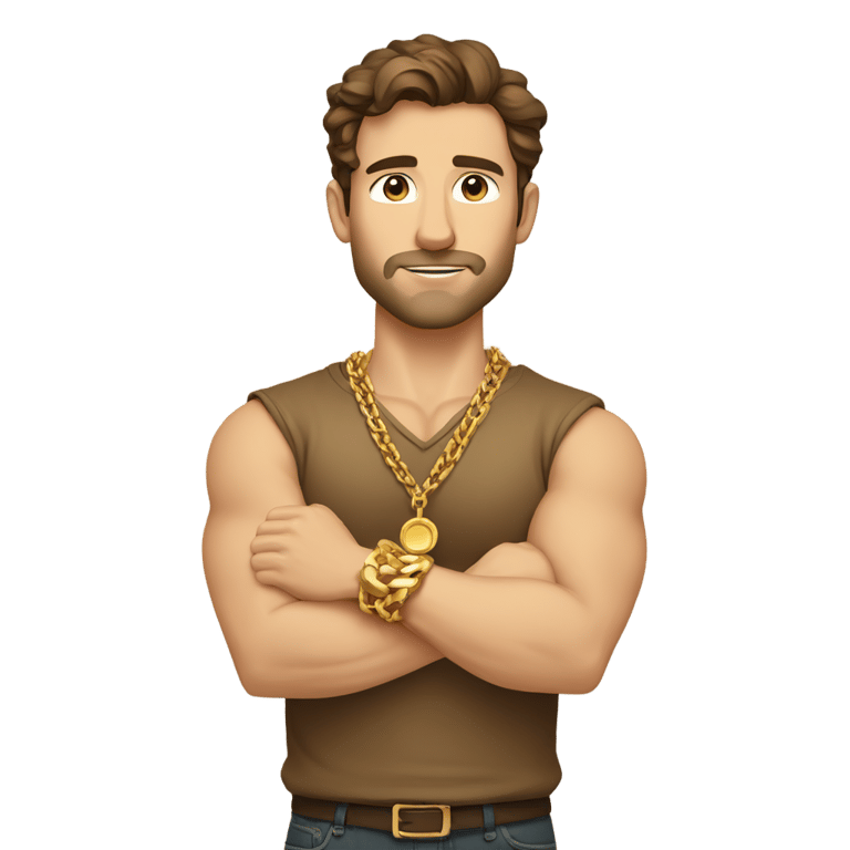 genmoji: brown haired strong Caucasian male, No beard, a gold shirt, gold chains, gold wrist bands, arms crossed