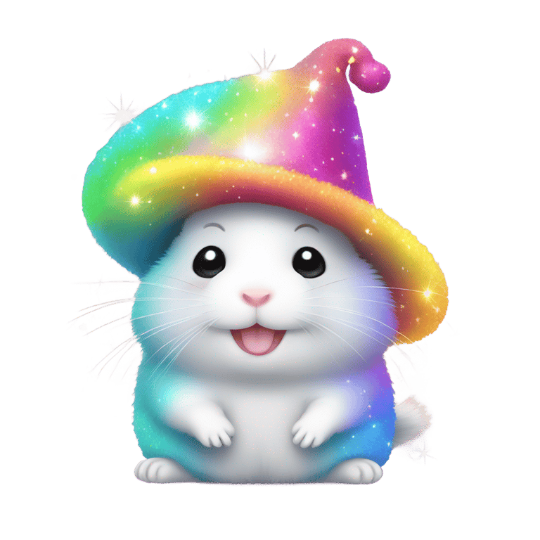 genmoji: "Tiny hamster wearing a fluffy rainbow magic hat with glowing sparkles."