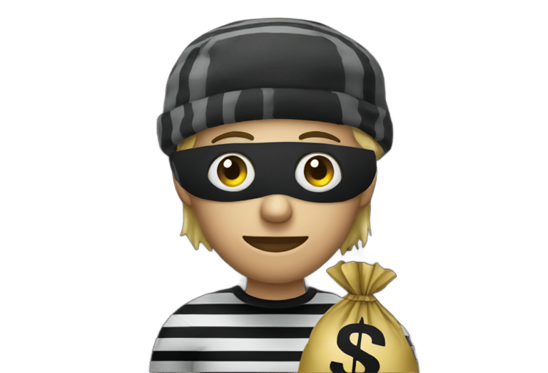 genmoji: A robber with black and white stripes on the shirt with a money bag with a dollar sign on it