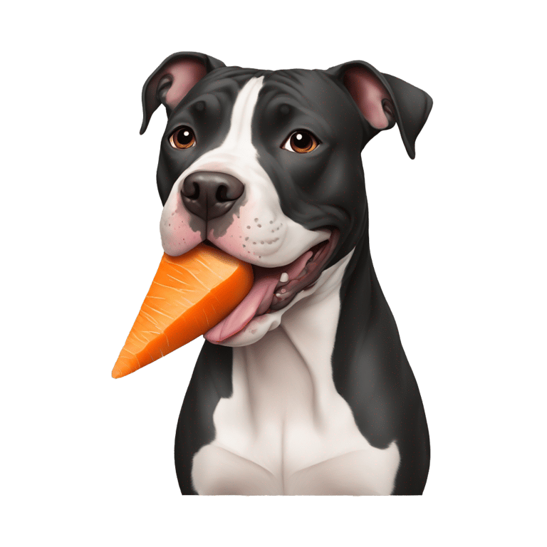 genmoji: Black American pit bull terrier eating a carrot