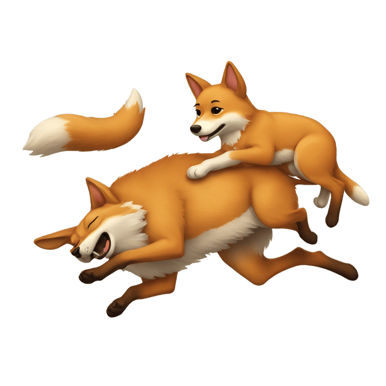 絵文字：Fox jumps over a sleeping German shepherd