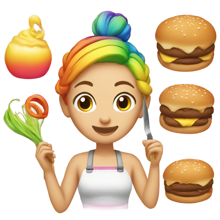 genmoji: Rainbow girl grilling hair bun