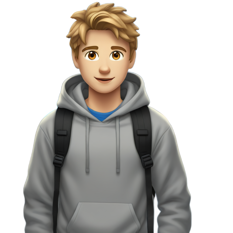 genmoji : Adolescent aux cheveux châtains clairs séparés au milieu, yeux bleus et peau claire. Porte un sweat à capuche gris clair et des bretelles de sac à dos noir. Fond de ville nocturne avec éclairage chaud, ambiance décontractée et relaxante.