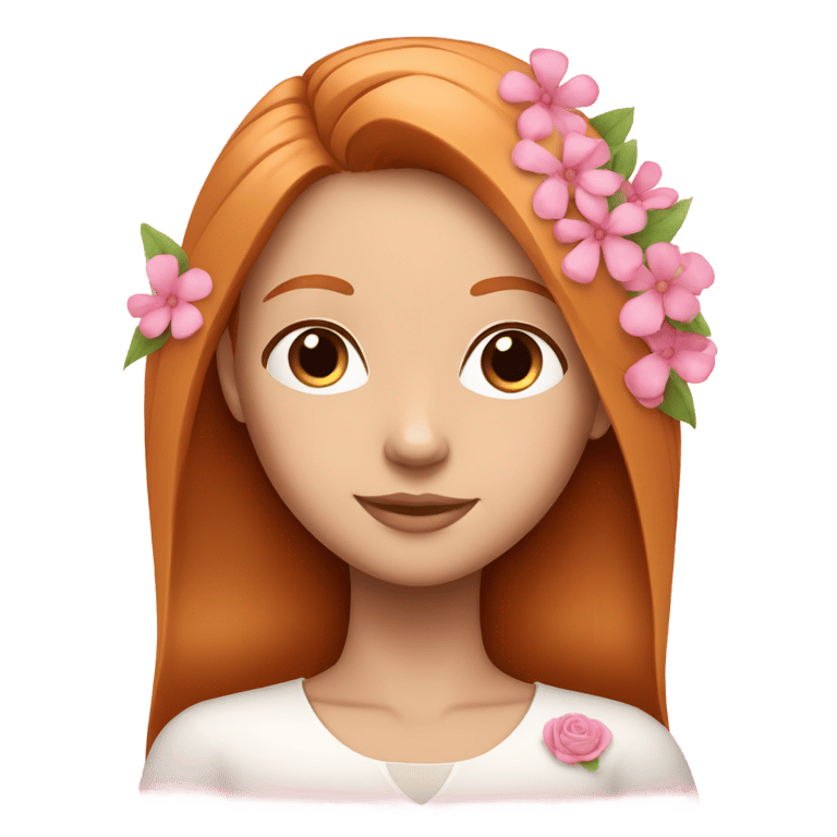 genmoji: a ginger and white girl with a perfect and straight hair with pink flowers