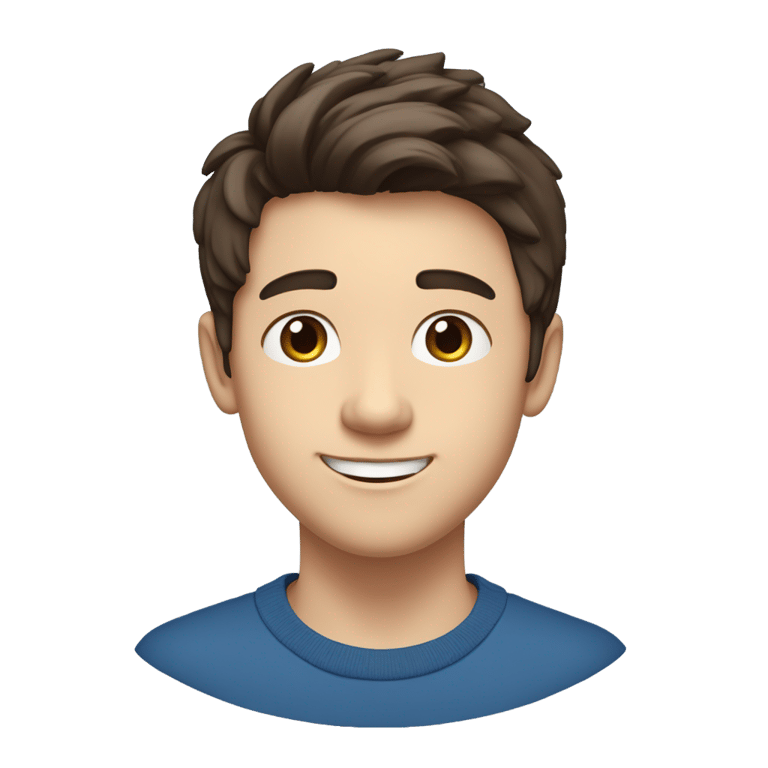 genmoji: A 15-year-old white male with dark brown hair, half-length to the eyebrow. Middle part cut longer. Blue sweater color. Smiling brown eyes where you can see his teeth. Low-angle shot stopping halfway down the stomach. He turns his head slightly to the right.