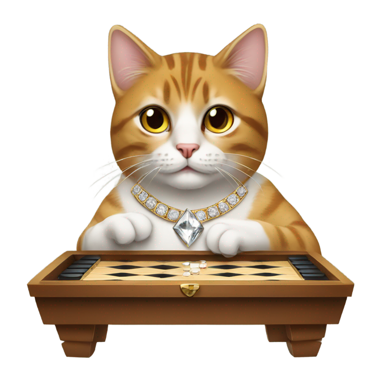 genmoji : Un chat portant une bague en diamant jouant au backgammon