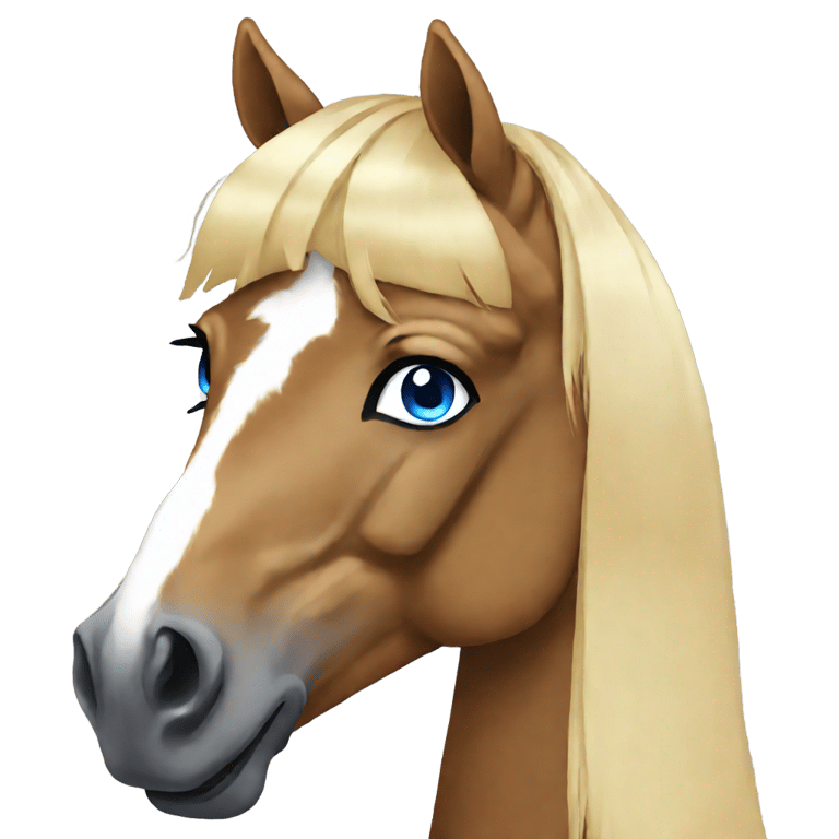 genmoji: horse with blue eyes and blonde blunt bangs