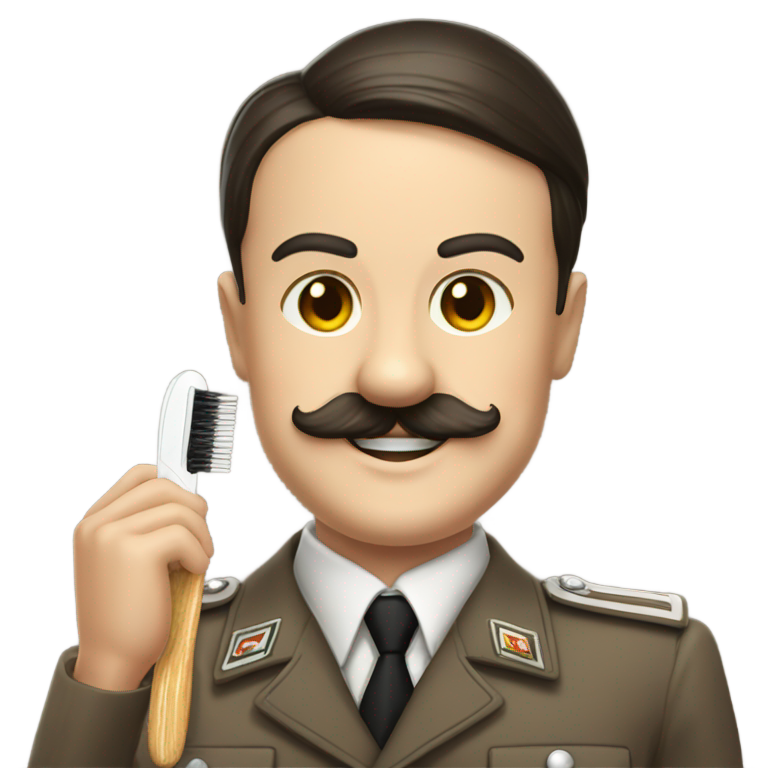 genmoji: hitler in ss uniform and his typical toothbrush mustache, smiling creepy