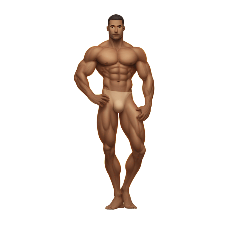 絵文字：nude muscular, handsome man with his arms folded,  glowing aura emanating from his lower body, partially concealing his lower half between his legs