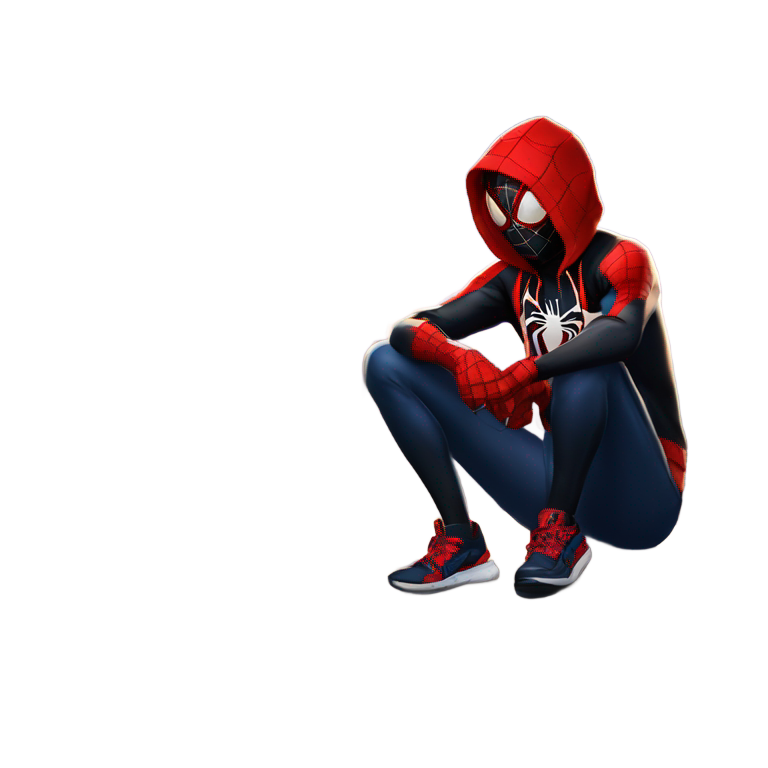 genmoji: Miles Morales in a Spider-Man hoodie sitting on a ledge with Ney York City in the background