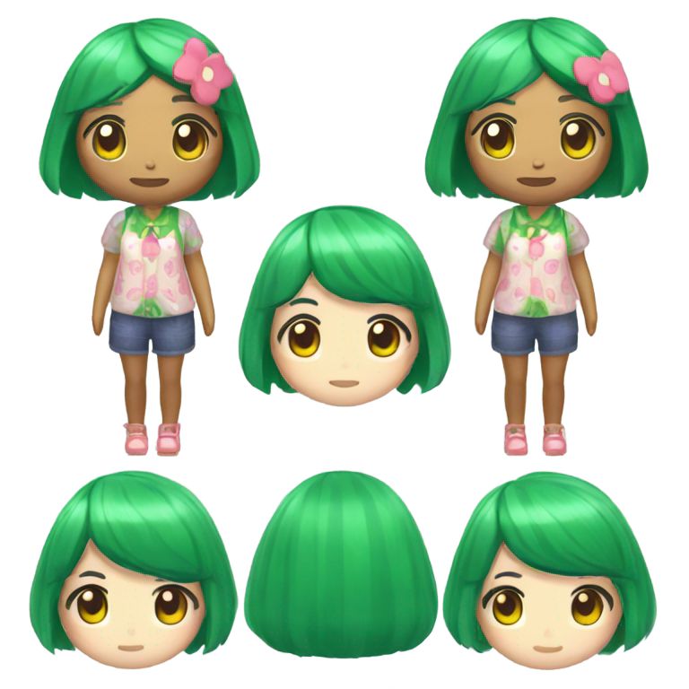 genmoji: Une fille kawaii avec des cheveux verts style animal crossing qui rigole
