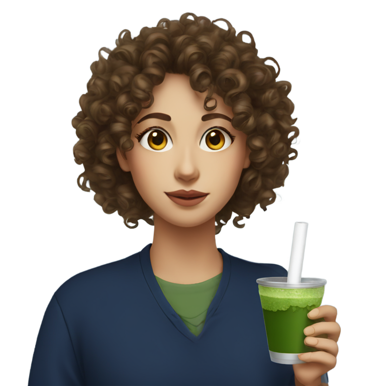 genmoji: Brunette curly head with amber eyes drinking matcha with a straw wearing a navy blue shirt