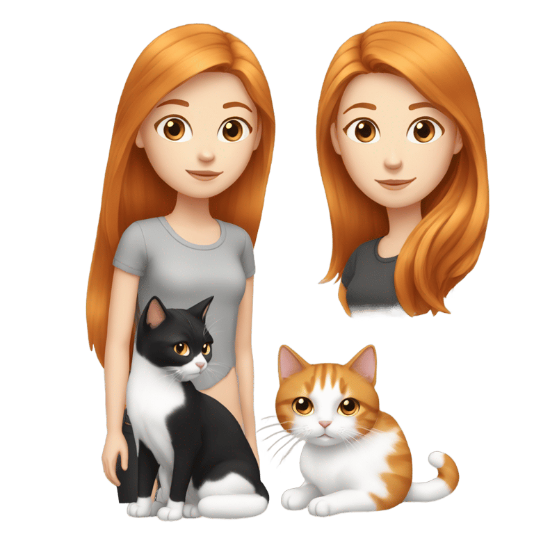 絵文字：a ginger and white girl with a perfect and straight hair with a cat black and white cat