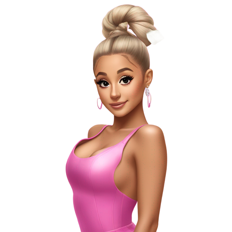 genmoji : Ariana Grande in 7 Rings pink style long ponytail  hair floating diamonds and money around her