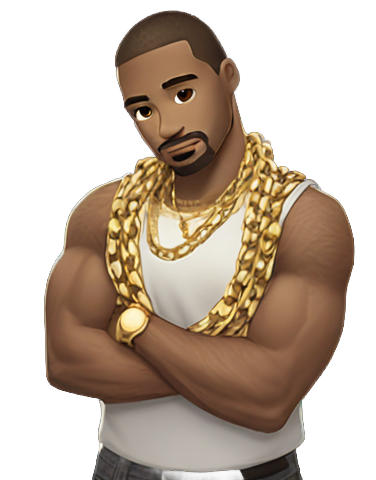 genmoji: strong white man, brown hair, arms crossed, gold shirt, multiple gold chains, stubble