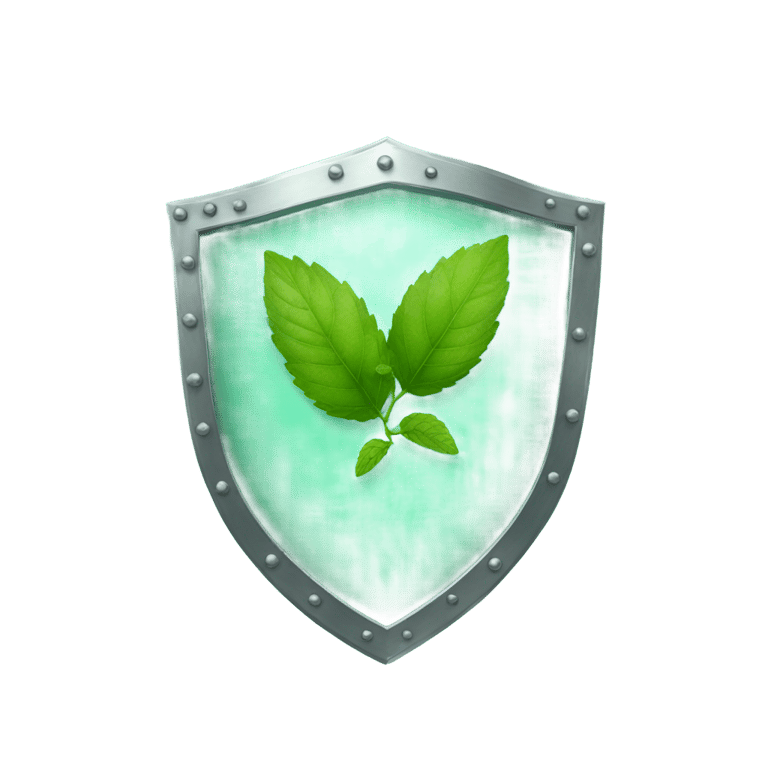 genmoji: a metal shield with mint leaves behind it