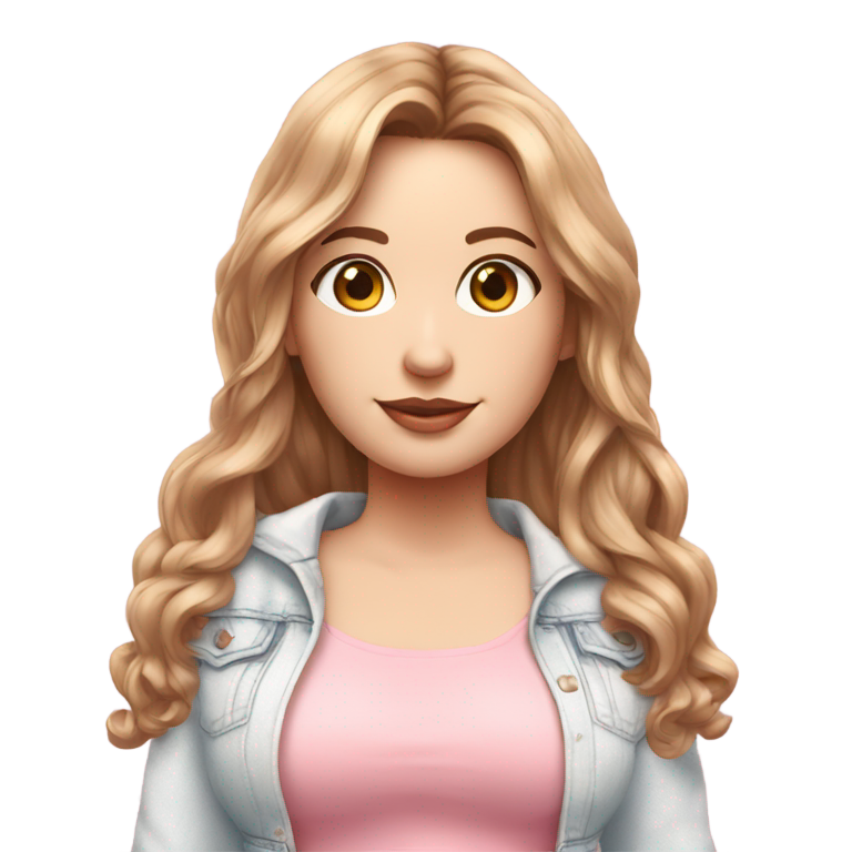 genmoji : Femme blanche aux cheveux longs et bruns en couches, silhouette complète, poitrine généreuse, portant un crop top blanc et rose en dentelle et à volants, et un jean à jambes larges.