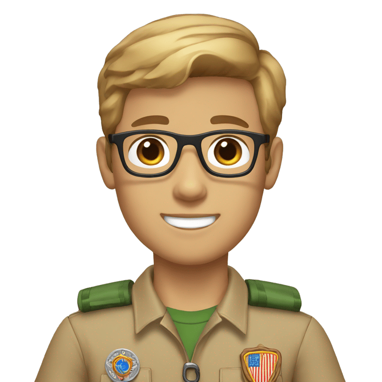 genmoji : boy scout leader with light skin brown hair grey eyes and glasses