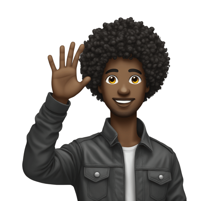 genmoji: dark skin, black hair afro curly man Raising Hand, street wear style