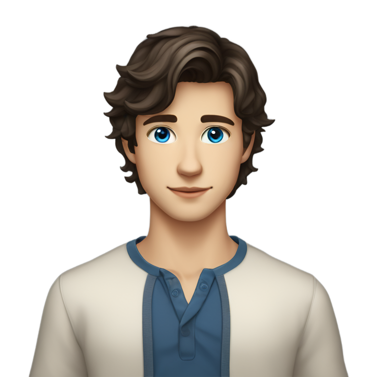 genmoji: A stunningly handsome teenage boy with striking blue eyes, dark brown wavy hair styled in curtain bangs, a sharp jawline, and a flawless, youthful look. He has a confident and charismatic expression, exuding natural beauty and a cool, stylish vibe."