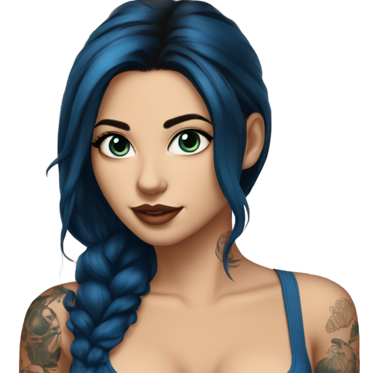 genmoji: white-hot-girl-with-a-blue-top-sensual bra and long black hair with a lot of tattoes