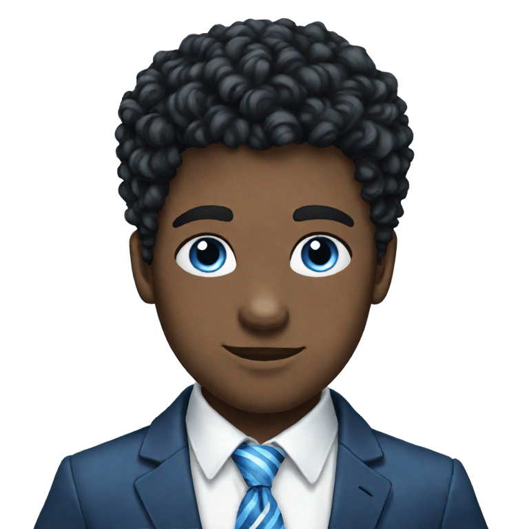 genmoji: blue eyed black haired british teen guy with a blue striped tie white shirt and blue blazer and fluffy curly hair with a side part