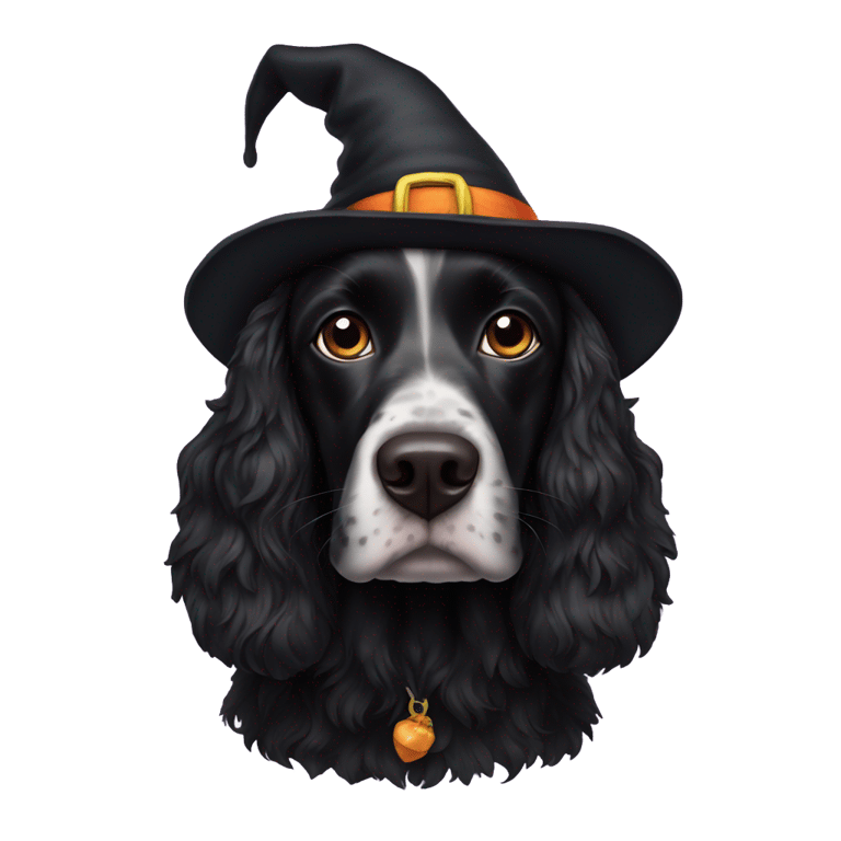 genmoji: A black spaniel with a witches hat