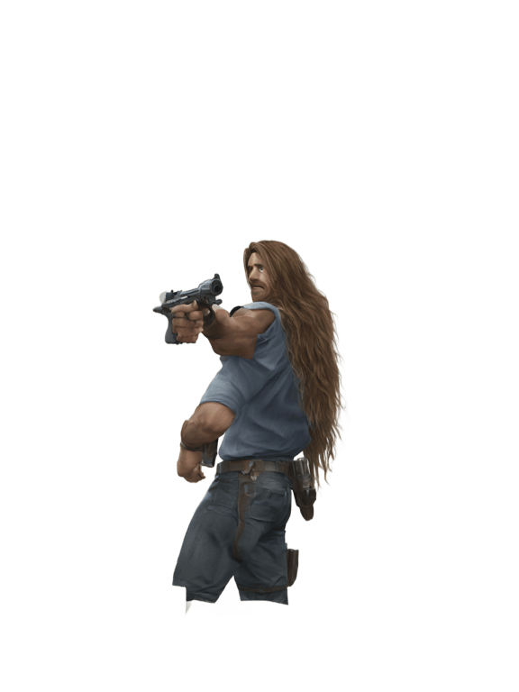 genmoji: men long hair gun in hand