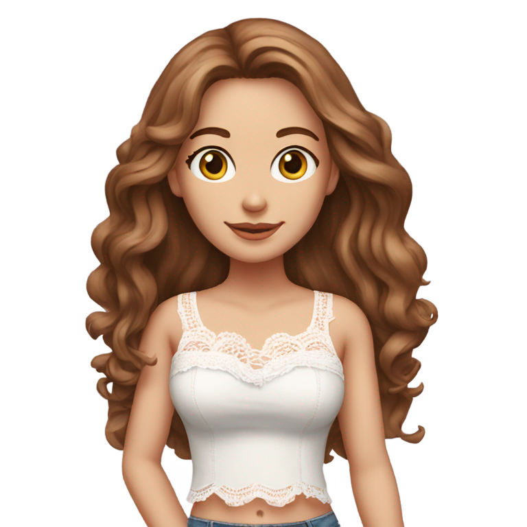 genmoji : Femme blanche aux cheveux bruns longs et ondulés, silhouette complète, poitrine moyenne, portant un crop top blanc et rose en dentelle et froufrou, et un jean à jambes larges.
