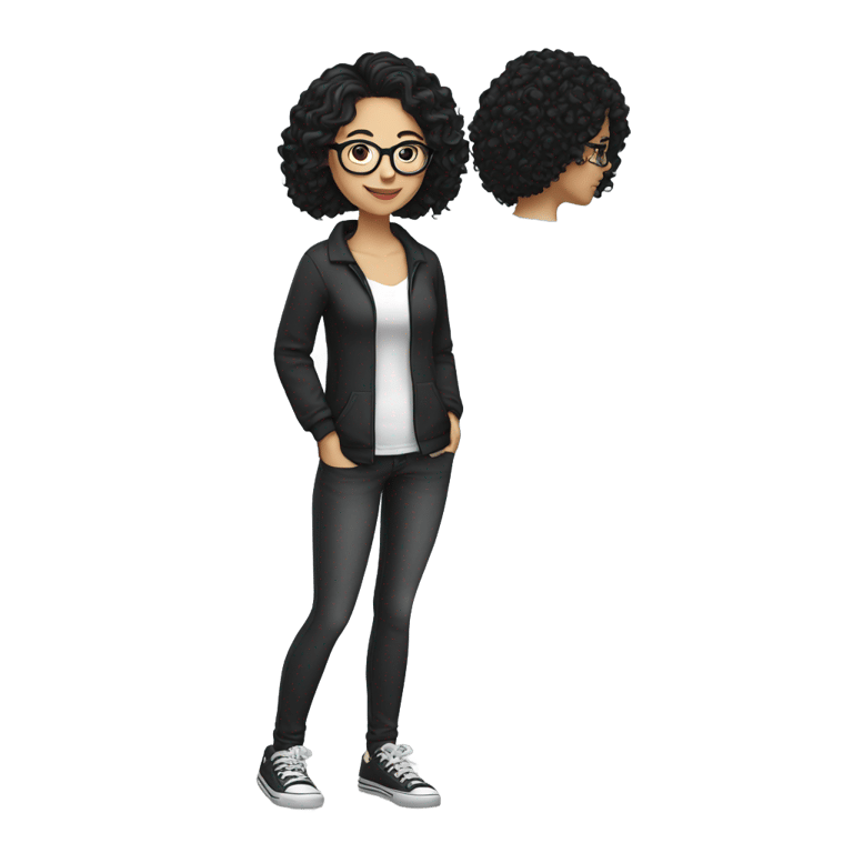 genmoji: Full body, white girl with black wavy hair and glasses