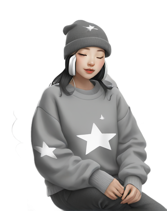 genmoji: korean girl with white skin grey baggy sweater with grey stars on it grey cap with a bow white simple bow on it dark grey headphones on her neck