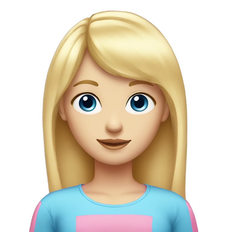 genmoji: Blonde girl with long hair, blue eyes, pink top, with bangs on the sides, chest image