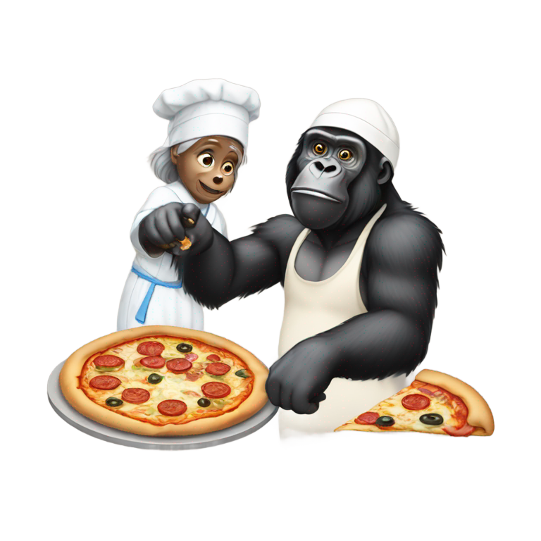 genmoji: Gorilla making pizza with mother teresa