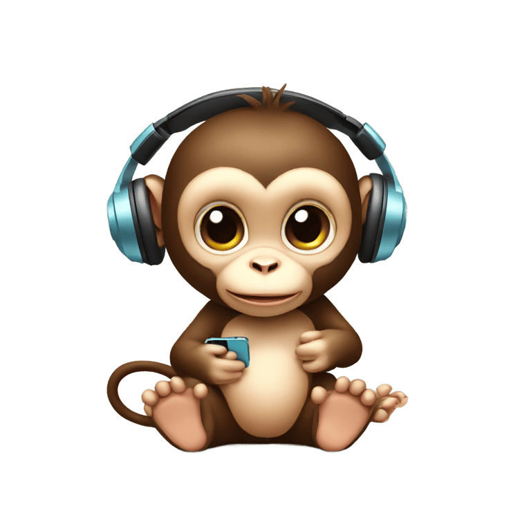 genmoji: baby monkey holding ipod listening to headphones