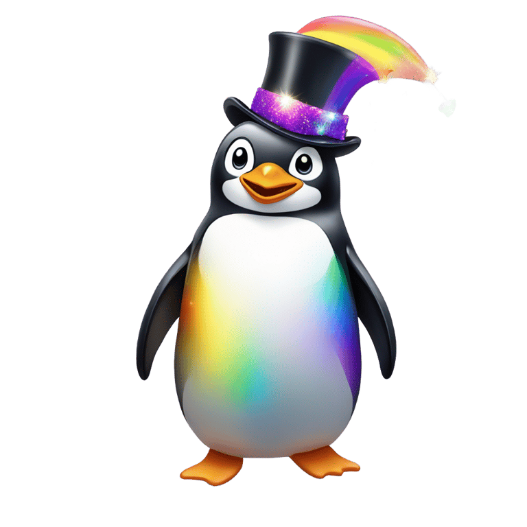 genmoji："A joyful penguin wearing a sparkling rainbow magic top hat, waddling happily."