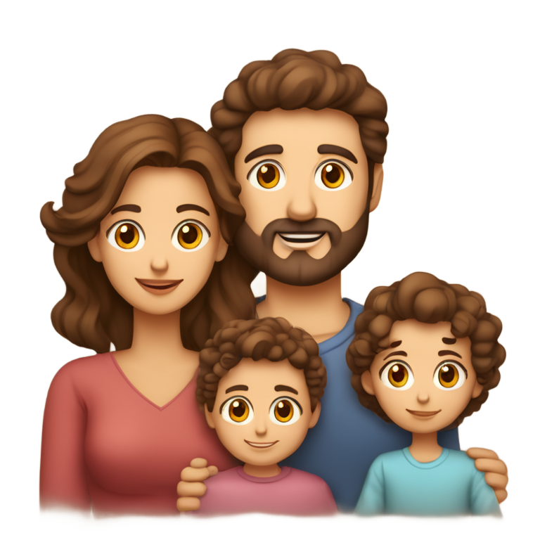 genmoji: un portrait de famille de trois personnes avec une maman aux cheveux longs ondulés châtain et aux yeux bruns, un papa aux cheveux courts bruns, yeux bruns et légère barbe brune et un bébé aux cheveux très courts bruns, yeux bleus/gris