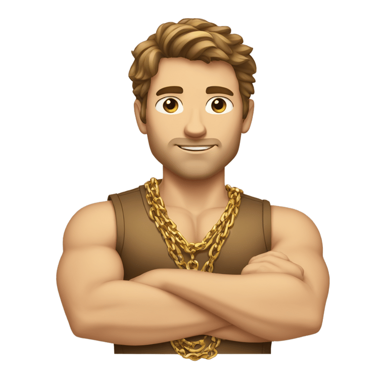 genmoji: brown hair strong Caucasian male, a gold shirt, multiple gold chains, gold wrist bands, arms crossed