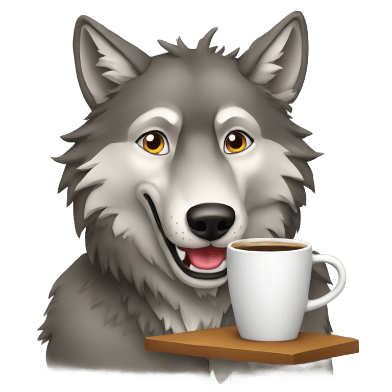 genmoji: Wolf drinking coffee cartoon