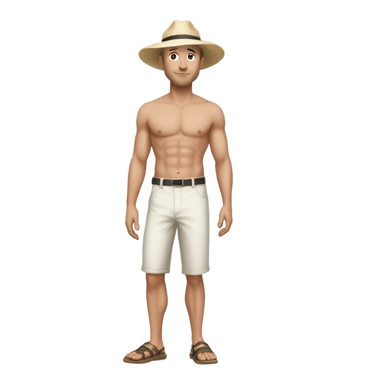 genmoji: white man summers hat backwards black pants shirtless