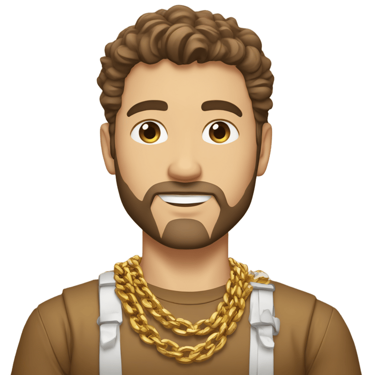 genmoji: white man, brown hair, brown eyes, arms crossed, gold shirt, multiple gold chains, stubble