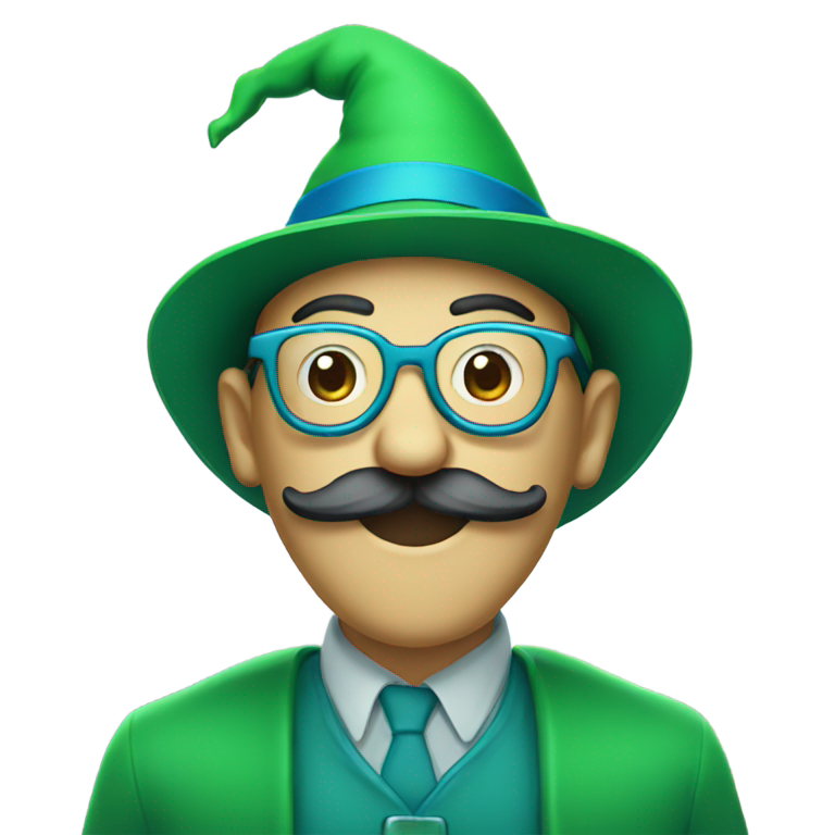 genmoji: green wizzard with blue hat and glasses happy with mustache