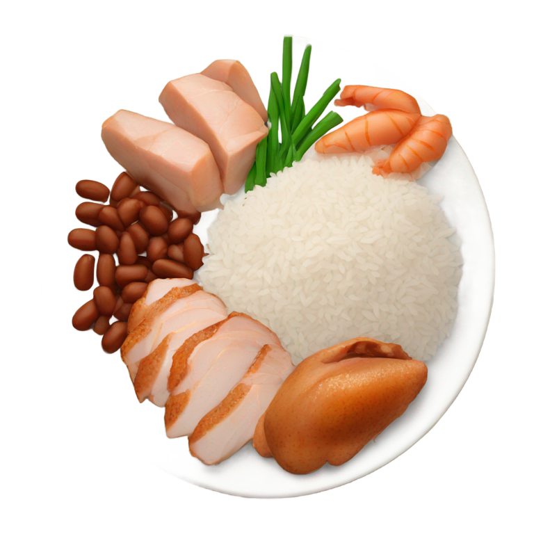 genmoji：Plate of white rice, brown, whole pieces of chicken and brown beans, no eggs, no ham, no green, no vegetables, no potatoes