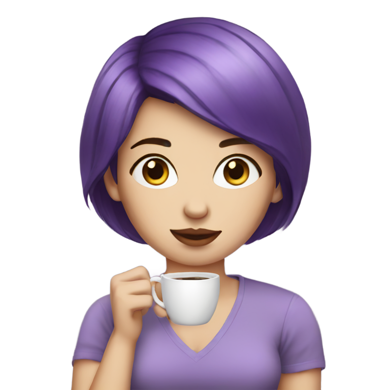 genmoji: white skin purple short haired girl drink coffee